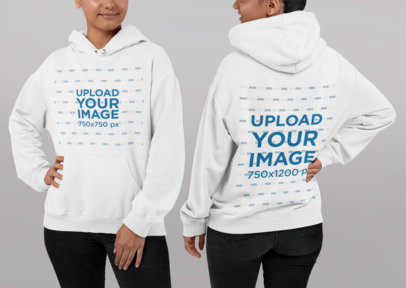 Both Sides Mockup of a Woman Wearing a Pullover Hoodie in a Studio