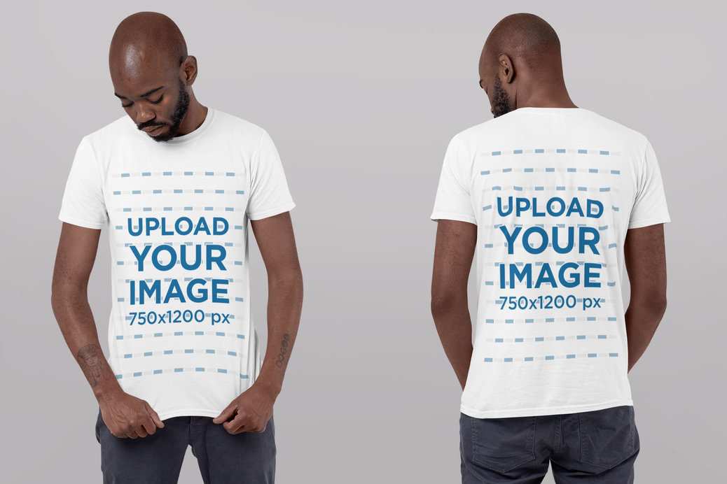 Front and Back T-Shirt Mockup of a Man at a Studio Looking Down 