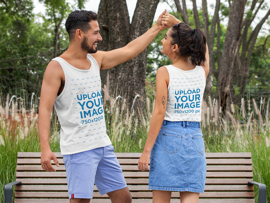 Both-Sides View Mockup of a Man and a Woman Wearing Heathered Tank Tops