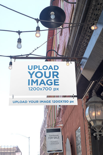 Mockup of a Shop Sign Among Hanging Street Lights 683-el