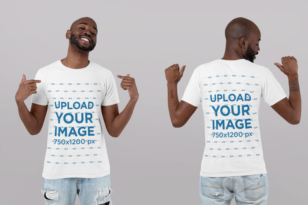 Front and Back T-Shirt Mockup of a Man Pointing at Himself 