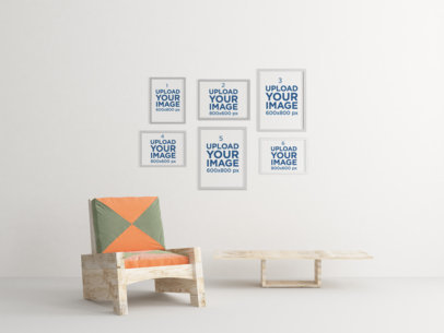Mockup Featuring Six Art Prints Hanging over Some Modern Wooden Furniture