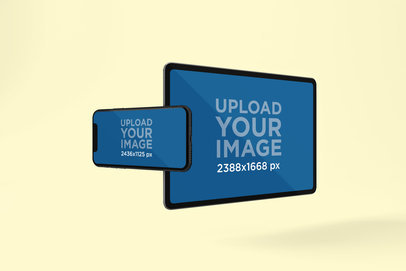 Mockup of an iPhone 11 Pro and an iPad Pro Floating in Landscape Position