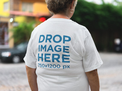 Mockup of an Elder Lady Wearing a Tshirt from the Back