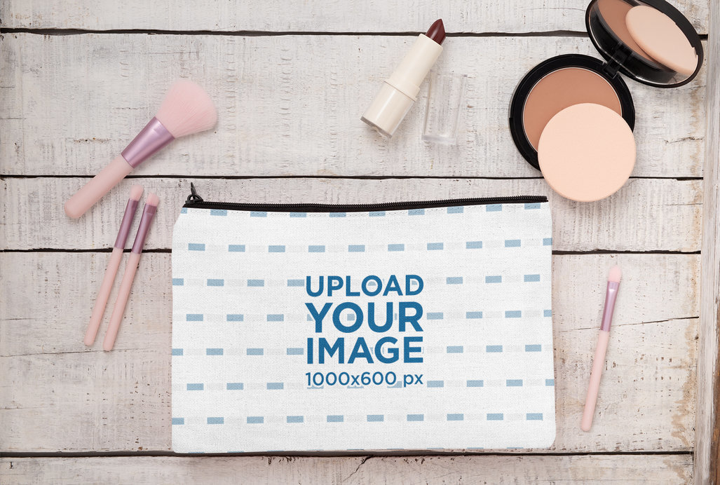 Mockup of a Cosmetic Pouch Placed Next to Some Makeup