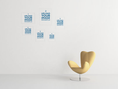 Mockup Featuring Six Art Prints Hanging by a Modern Armchair 