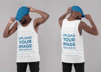 Both-Sides View Mockup of a Man Wearing a Heather Tank Top at a Studio 