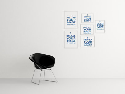 Mockup Featuring Six Art Prints and a Modern Black Chair 