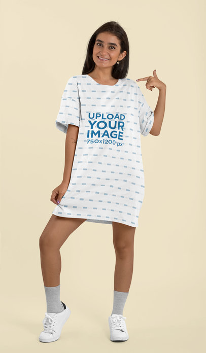  Mockup of a Woman Pointing at Her Shift Dress at a Studio 29756