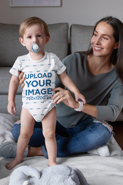 Onesie Mockup of a Baby Boy with His Mom