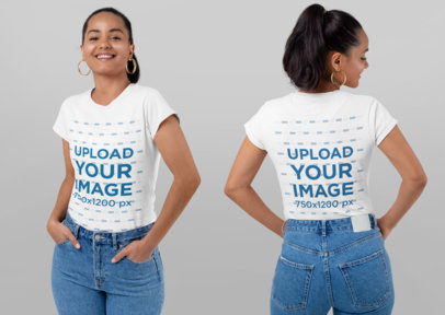 Both-Sides View of a Smiling Woman Wearing a T-Shirt at a Studio