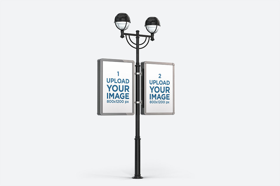 Mockup of Two Advertising MUPI Attached to an Urban Lamp Post Against a Customizable Background