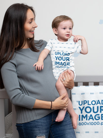 Sublimated Onesie Mockup of a Woman Holding Her Baby Boy