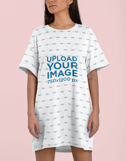 Cropped-Faced Mockup of a Woman Wearing a Shift Dress and Standing at a Studio 29755