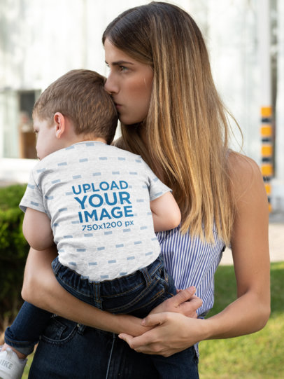 Short Sleeve Onesie Mockup Featuring a Young Mom Holding Her Baby Boy