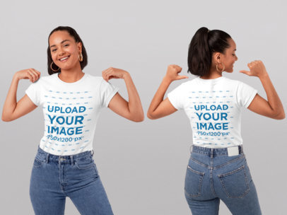 Front and Back Mockup of a Woman Pointing at Her T-Shirt at a Studio