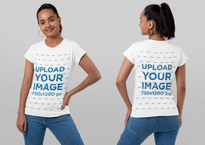 Both Sides T-Shirt Mockup of a Smiling Woman in a Studio