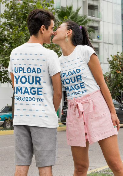 Mockup of a Couple Wearing Customizable T-Shirts Seen from Both Sides
