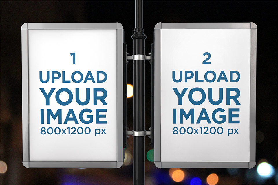Mockup of Two Advertising MUPIs on a Lamp Post at Night