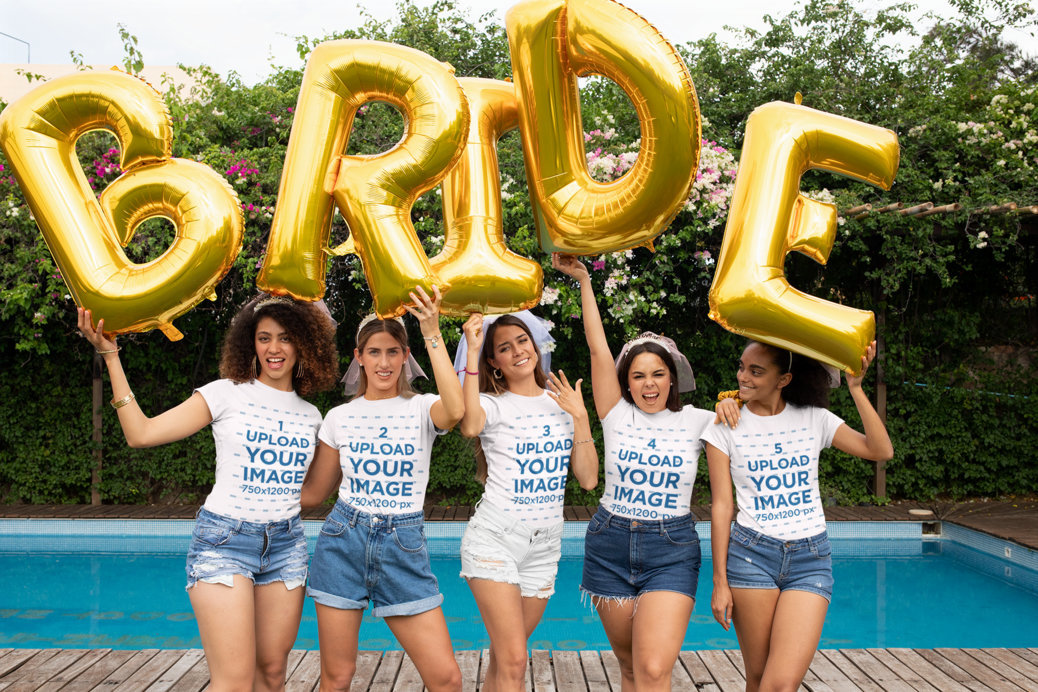 T-Shirt Mockup of a Bride and Her Friends Holding Balloons at a Bachelorette Party 