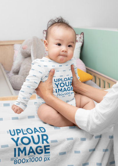 Onesie Mockup of a Baby Boy Sitting on a Blanket 30052