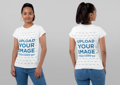 Both-Sides Mockup of a Woman Wearing a T-Shirt and Hoop Earrings at a Studio