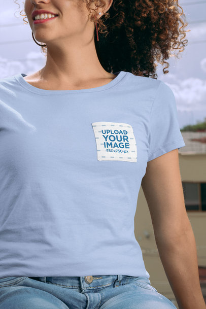 Pocket Tee Mockup Featuring a Smiling Woman with Natural Hair