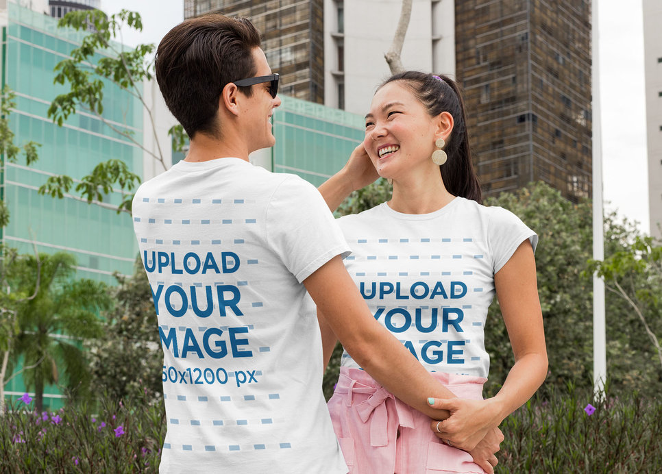 Back and Front T-Shirt Mockup of a Couple Holding Hands