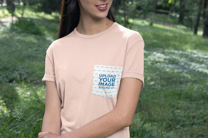 Pocket T-Shirt Mockup Featuring a Woman at a Park 30080
