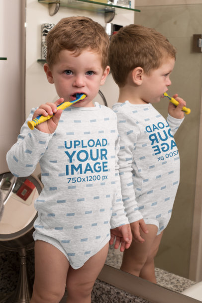 Mockup of a Baby Boy Wearing a Onesie While Brushing His Teeth 