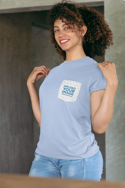 Pocket Tee Mockup Featuring a Joyful Woman Showing off Her T-Shirt 