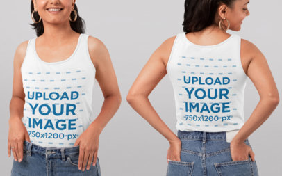 Both-Sides View Mockup of a Cropped Face Woman Wearing a Tank Top at a Studio
