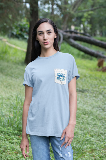 Pocket Tee Mockup Featuring a Young Woman in the Woods 30078