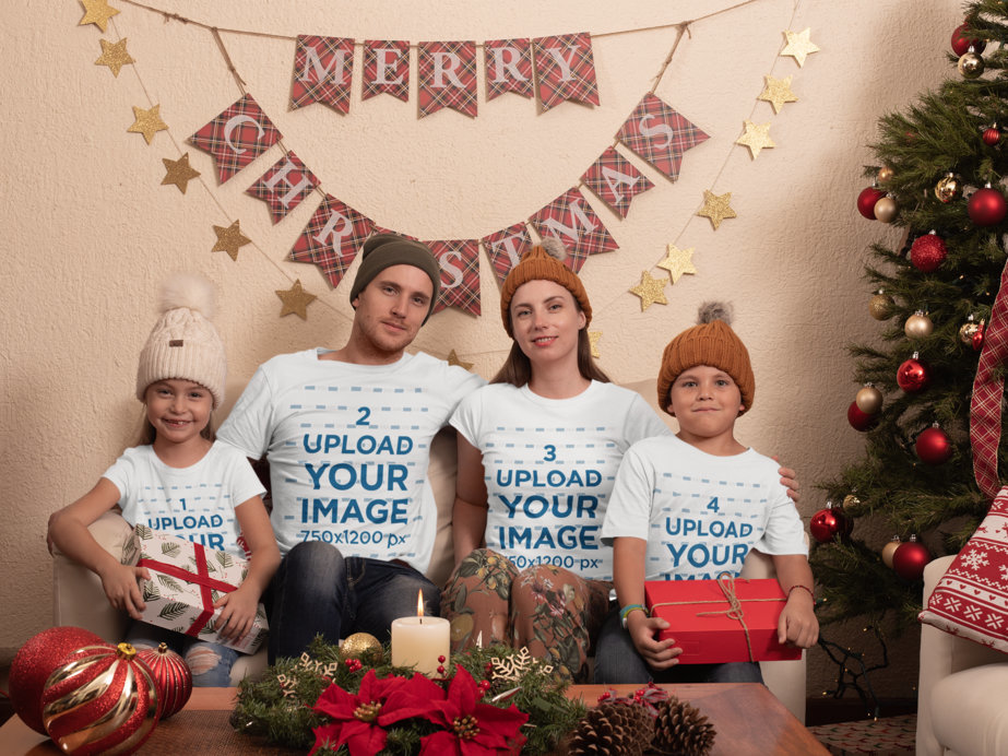 T-Shirt Mockup of a Family at Their Christmas Decorated Living Room