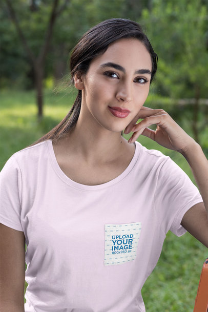 Pocket Tee Mockup of a Young Woman at a Park 30073