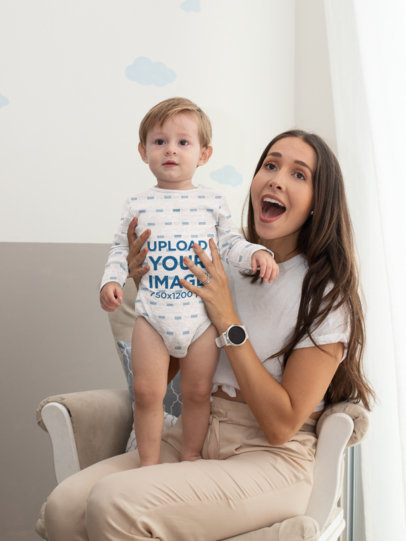 Sublimated Onesie Mockup of a Baby Boy with His Mom