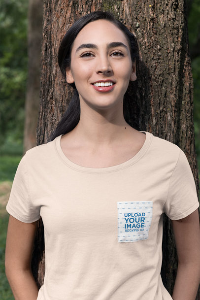 Pocket Tee Mockup of a Woman Leaning on a Tree 30072