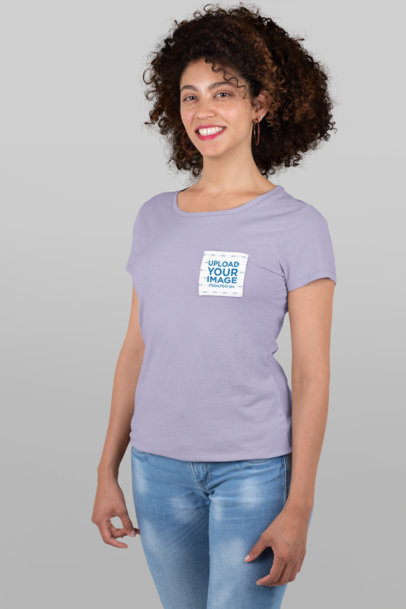 Pocket Tee Mockup Featuring a Woman Standing at a Studio 