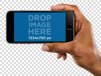 Black iPhone Mockup of a Black Man Holding in Landscape Position