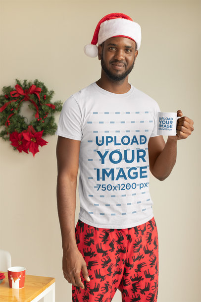 Mockup of a Man with a Christmas-Spirit T-Shirt Having a Coffee in an 11 oz Mug 