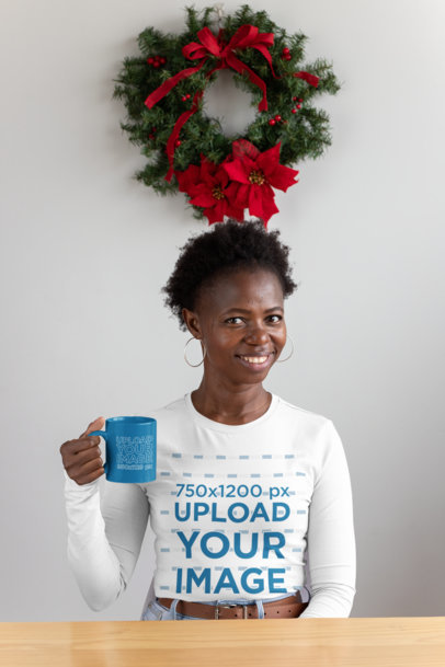 Long Sleeve Tee Mockup Featuring a Woman Holding an 11 oz Coffee Mug Mockup 