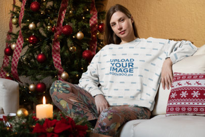 Sublimated Crewneck Sweatshirt Mockup Featuring a Woman Sitting by a Xmas Tree 30188