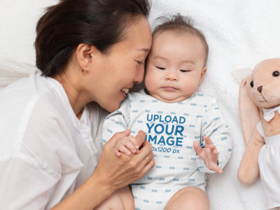 Long Sleeve Onesie Mockup Featuring a Baby Boy with His Mom 