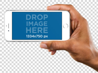 Mockup of White iPhone Held in Landscape Position by a Man