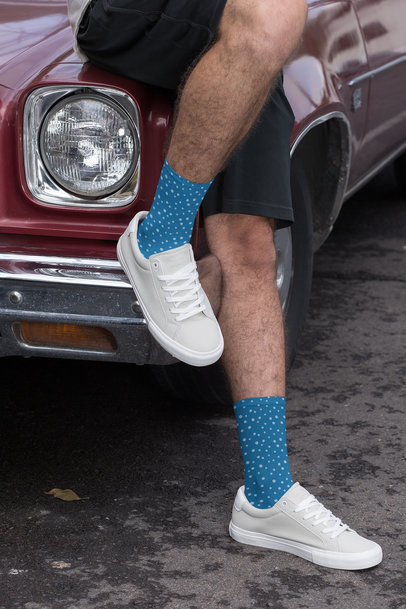 Sublimated Socks Mockup Featuring a Man Leaning Against a Muscle Car 29548