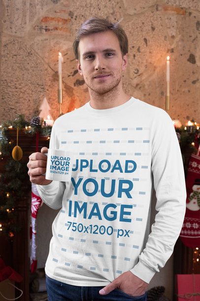 Long Sleeve Tee Mockup of a Man Holding an 11 oz Coffee Mug in a Christmas Setting 