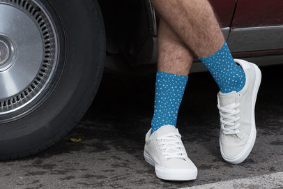 Socks Mockup Featuring a Man Standing by a Car 29549
