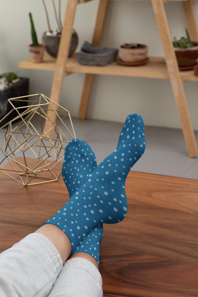 Sublimated Socks Mockup Featuring a Woman Resting Her Feet on a Wooden Table 29528