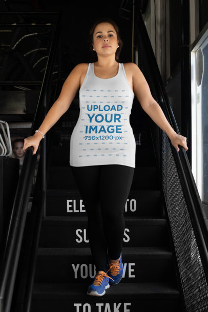 Plus Size Tank Top Mockup Featuring a Woman at a Gym Stairway