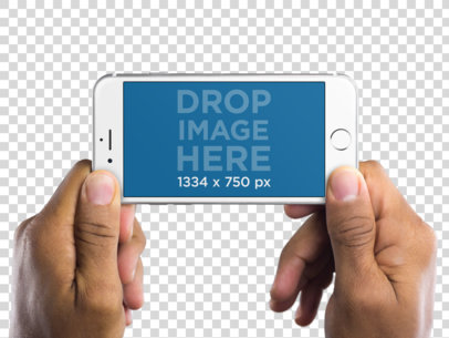 Mockup of a Man Holding a White iPhone with Both Hands